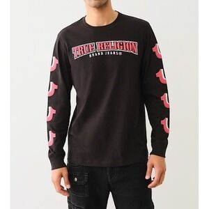 TRUE RELIGION Repeated 3D Horseshoe Long Sleeve Shirt Black Red Mens S *NEW* $69